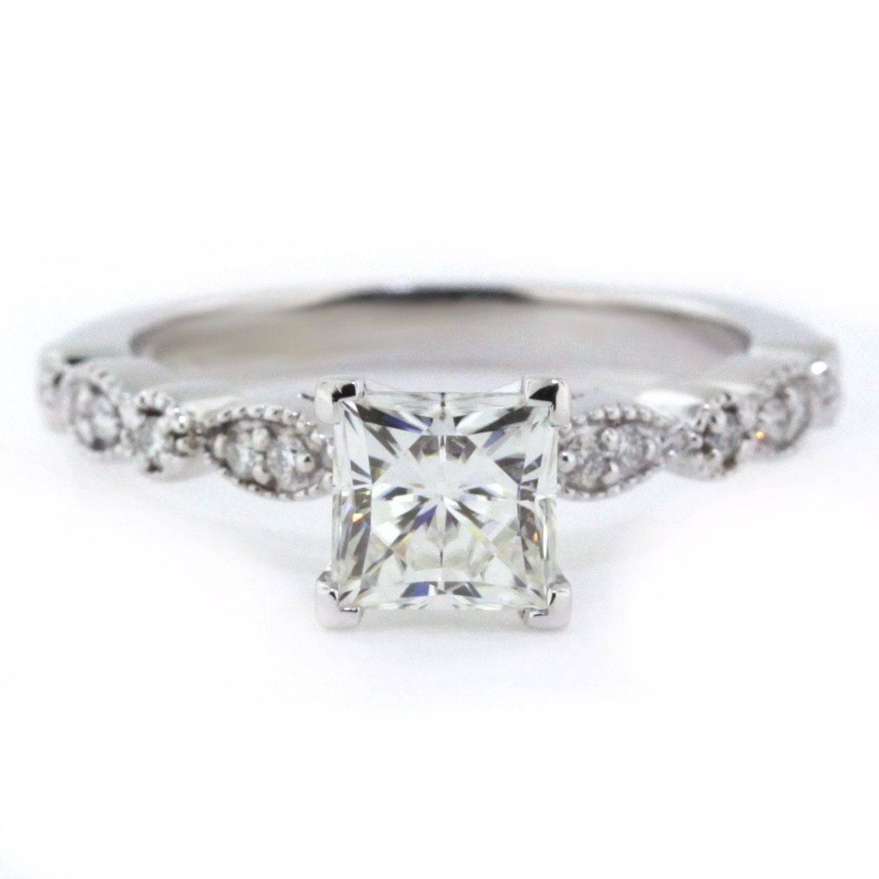 Vintage Style Princess Cut Engagement Ring Diamond Side Stones 14k ...