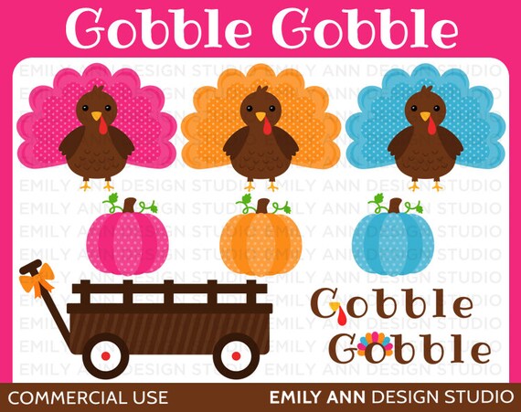 Thanksgiving Turkey Pumpkin Wagon Gobble Cute Clip Art - Commercial Use - Scrapbooking Invitations Cards - Instant Download Il_570xn