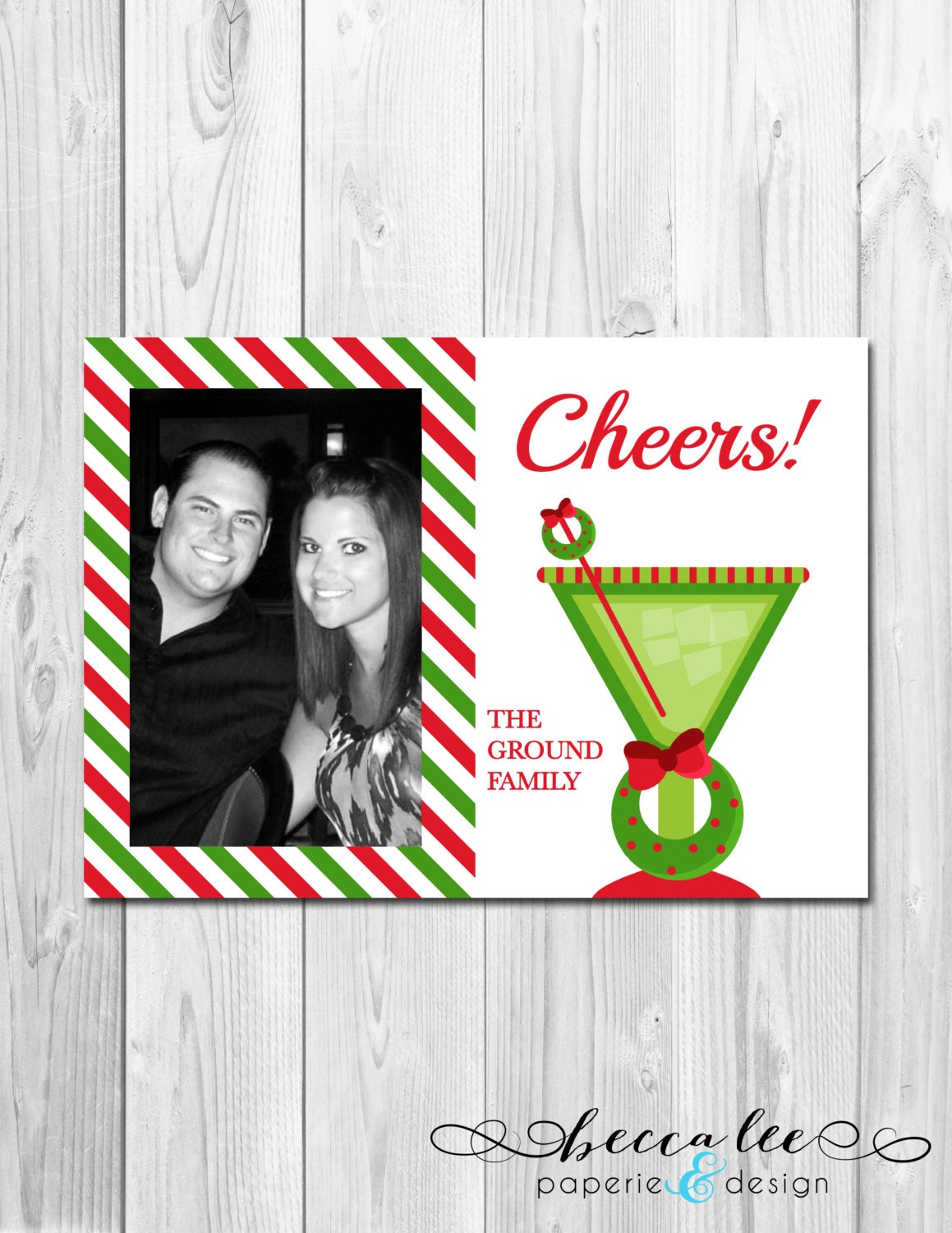 Printable Photo Holiday Card - Wreath Cocktail - Red and Green - Cheers - Customizable Il_570xn