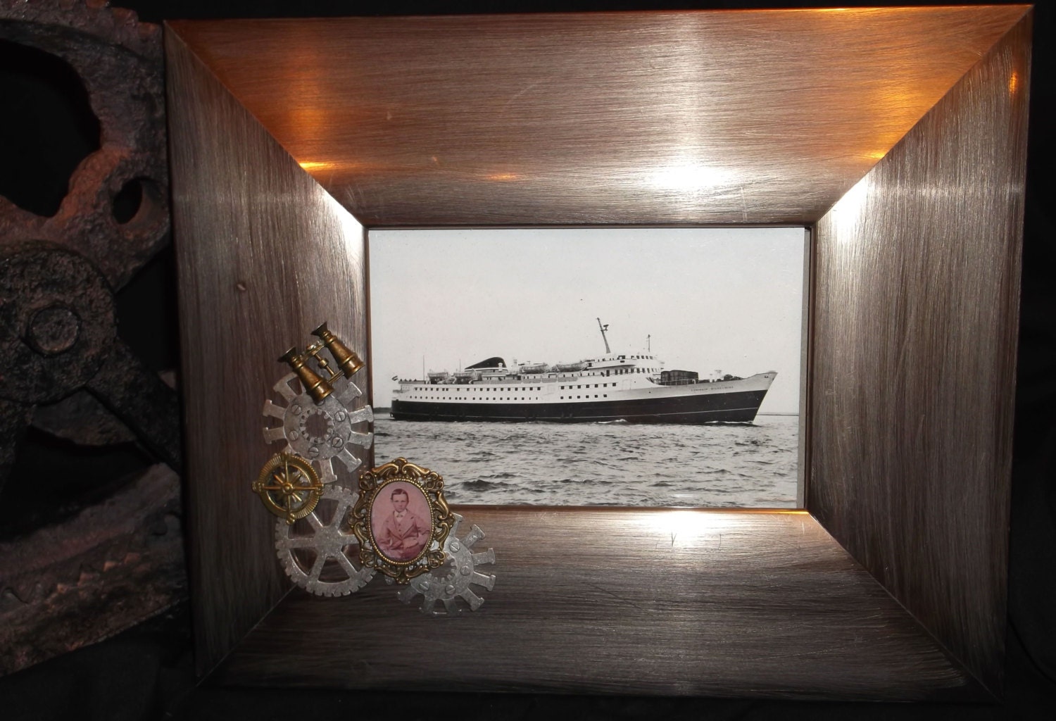Steampunk style picture frame - wide wood frame with b/w ship pic with gears and ornate mini picture - WannabeBadJuJu