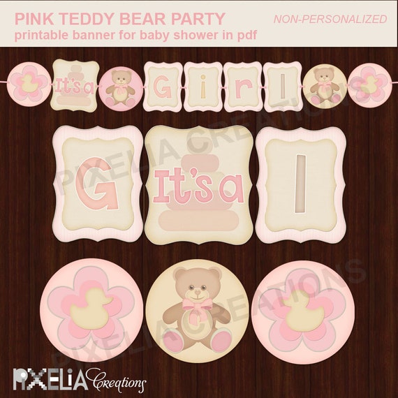 Pink Teddy Bear printable party. Printable "It's a Girl" banner for Baby Shower, Instant download. Non-personalized printable banner Il_570xn