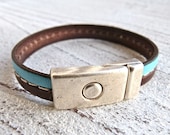 Leather bracelet brown and turquoise - Charmecharming