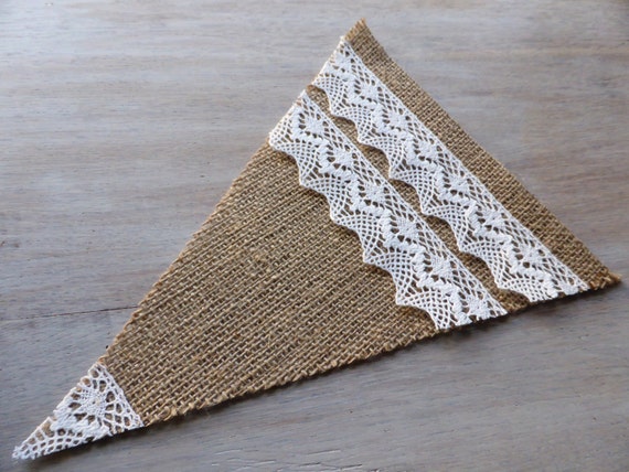Big bunting burlap flags elements / pennants / triangle with cotton lace- finished
