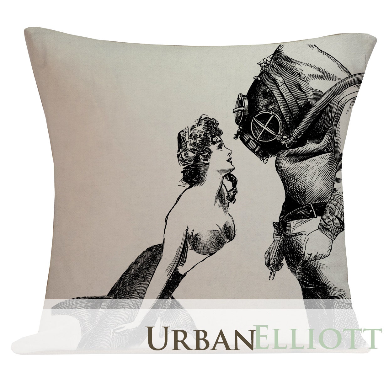 Steampunk Pillow Cover Cotton Canvas Throw Pillow 18 inch square Victorian Mermaid meets Scuba Diver - UrbanElliott