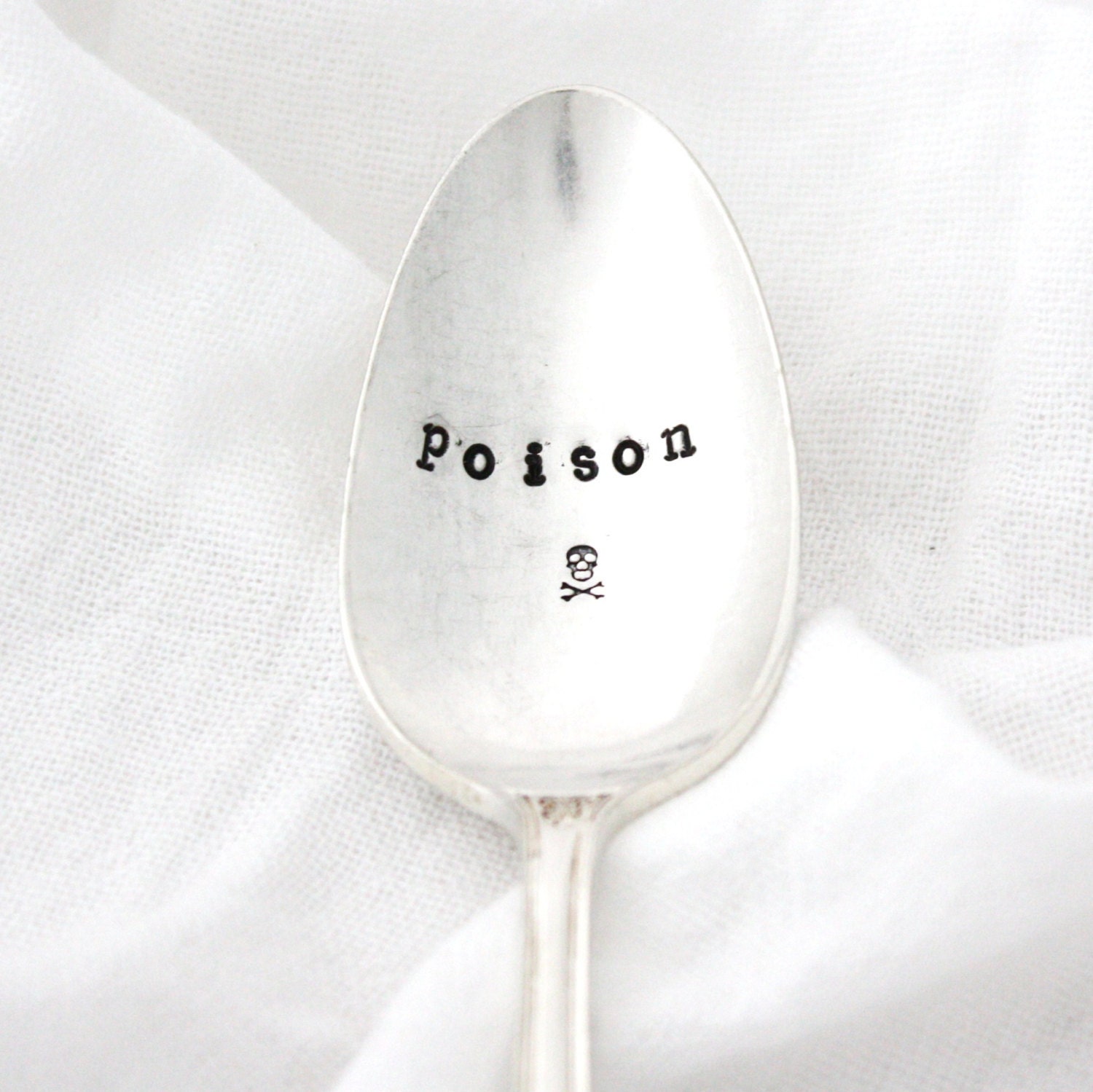 Poison spoon with skull & crossbones. hand stamped vintage tea spoon, Ready To Ship - MilkandHoneyLuxuries