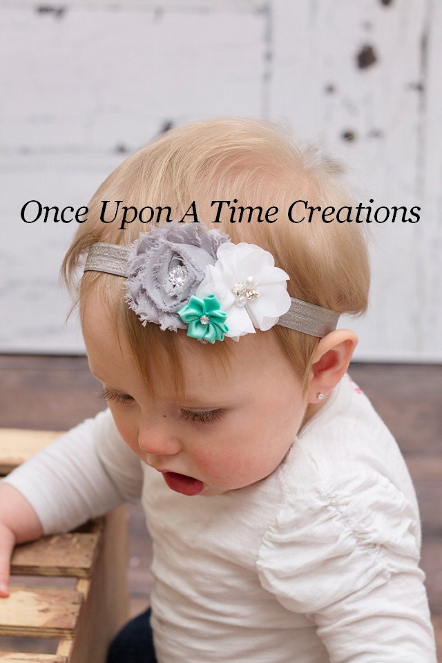 Gray White & Mint Green Flower Headband by OnceUponATimeTuTus