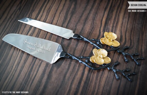 ... Engraved Orchid Cake Knife and Server Set - Personalized Wedding Gift