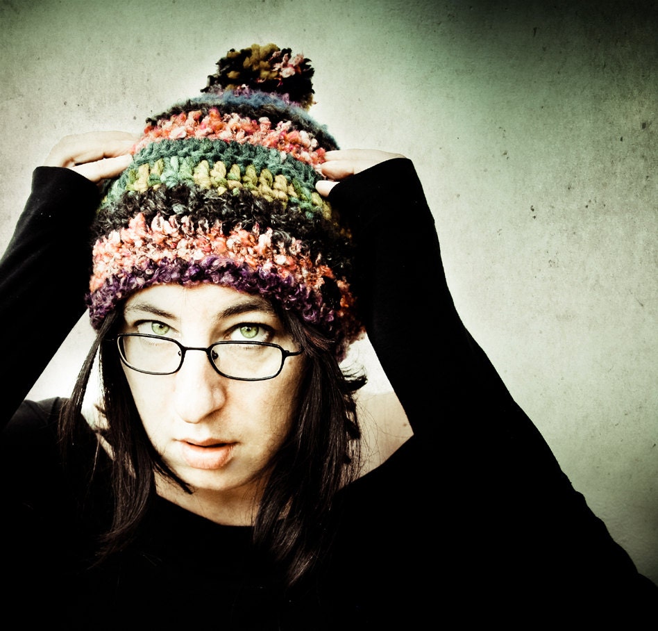Bohemian multicolor hat, warm hand crocheted woolen hat with a pig pom pom - CrazyFoxDesign