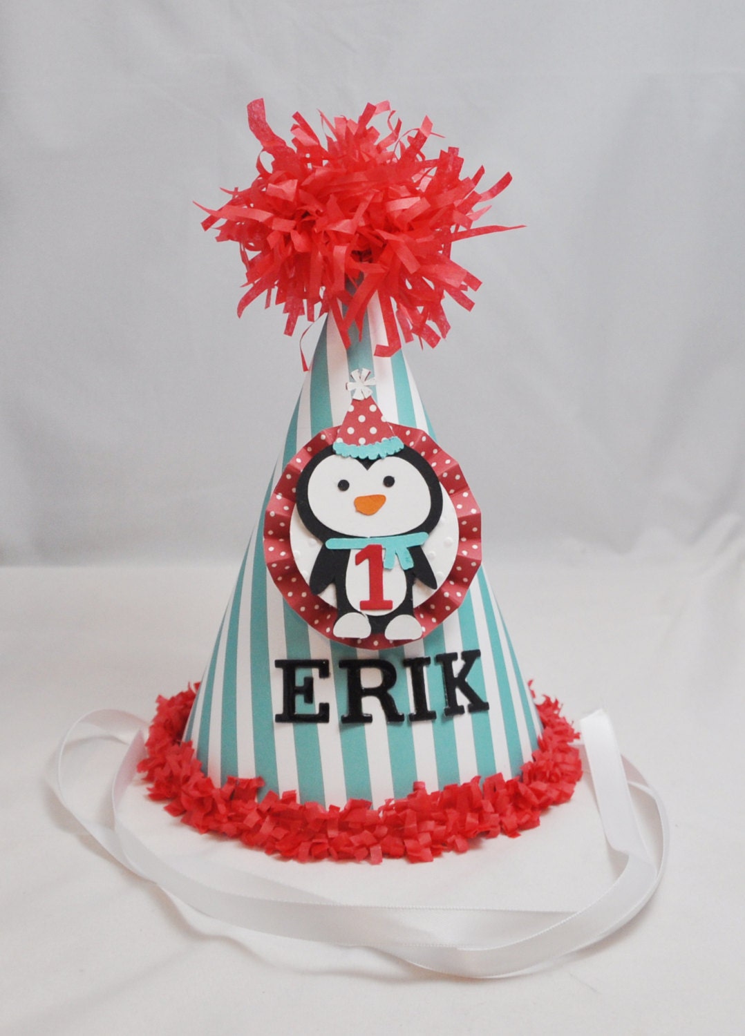 Penguin Party Hat- Red and Aqua- Winter Onederland Il_570xn
