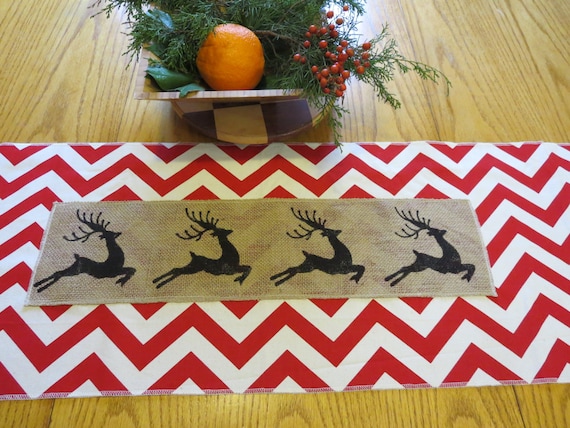 Christmas Table Runner in Chevron and Burlap Reindeer