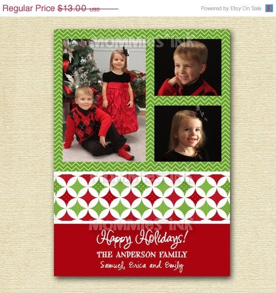 10% Off Holiday Sale Mod Chevron Quatrefoil or Dots Three Photo Christmas Card - PRINTABLE CARD DESIGN Il_570xn