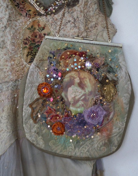 romantic embroidered purse from vintage brocade, trims, wearable art - FleurBonheur