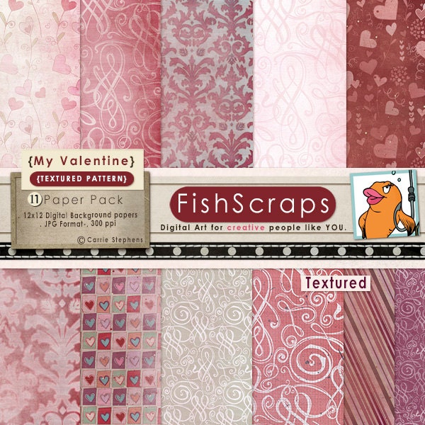 Valentine Digital Paper - Textured Backgrounds - Pink Hearts - Love - Purple Damask Pattern - Digital Scrapbook Paper - Instant Download Il_570xn