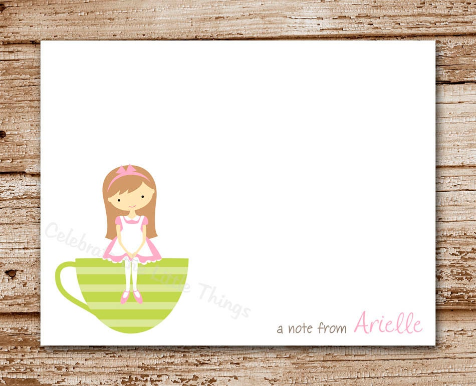 Set of 8 / Tea Cup Girl Cards / Personalized Stationery / Note Cards / Tea Party Il_570xn