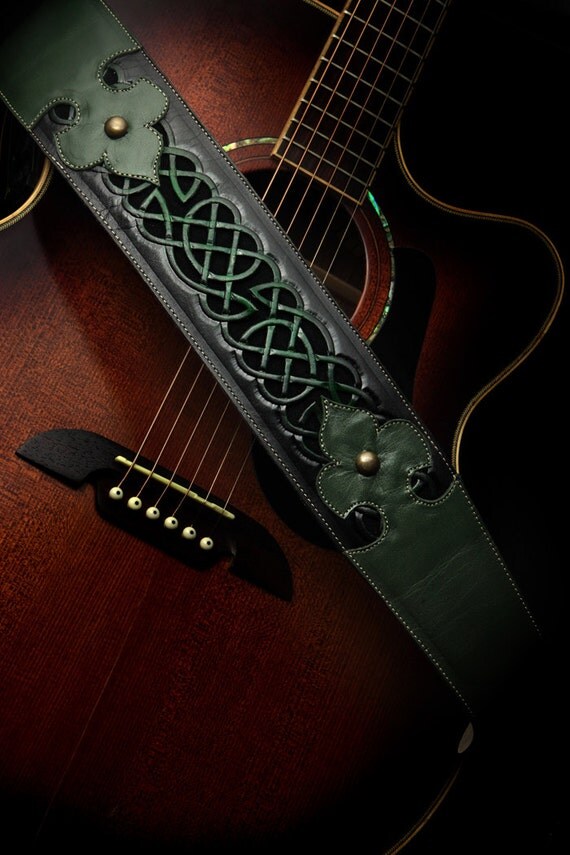 Custom Leather Guitar Strap Green Leather by EthosCustomBrands
