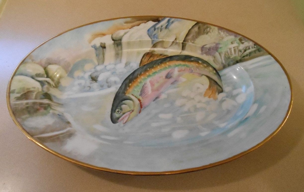 Antique Porcelain Fish Platter Hand Painted Trout By Gasman