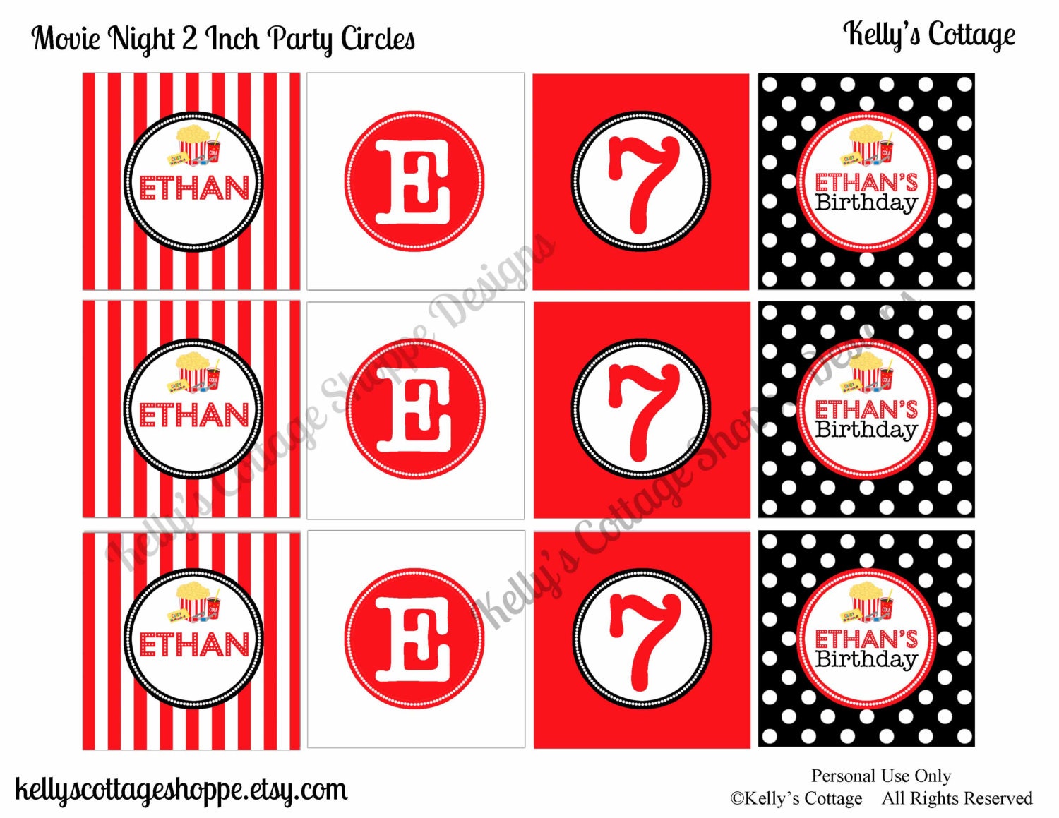 Movie Night Birthday Custom Party 2 Inch Party Circles + BONUS Theme 2 Inch Party Circles and Cupcake Wrappers Il_570xn