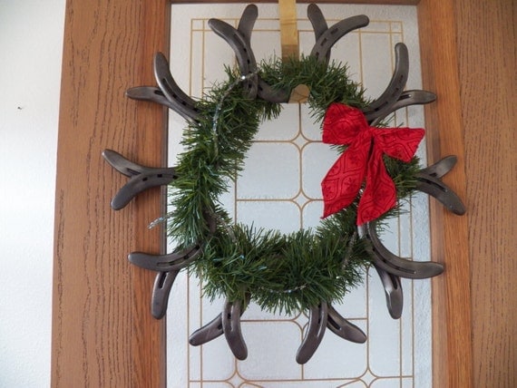 Christmas Horseshoe Wreath with Red Bow by desertflatsfarm on Etsy