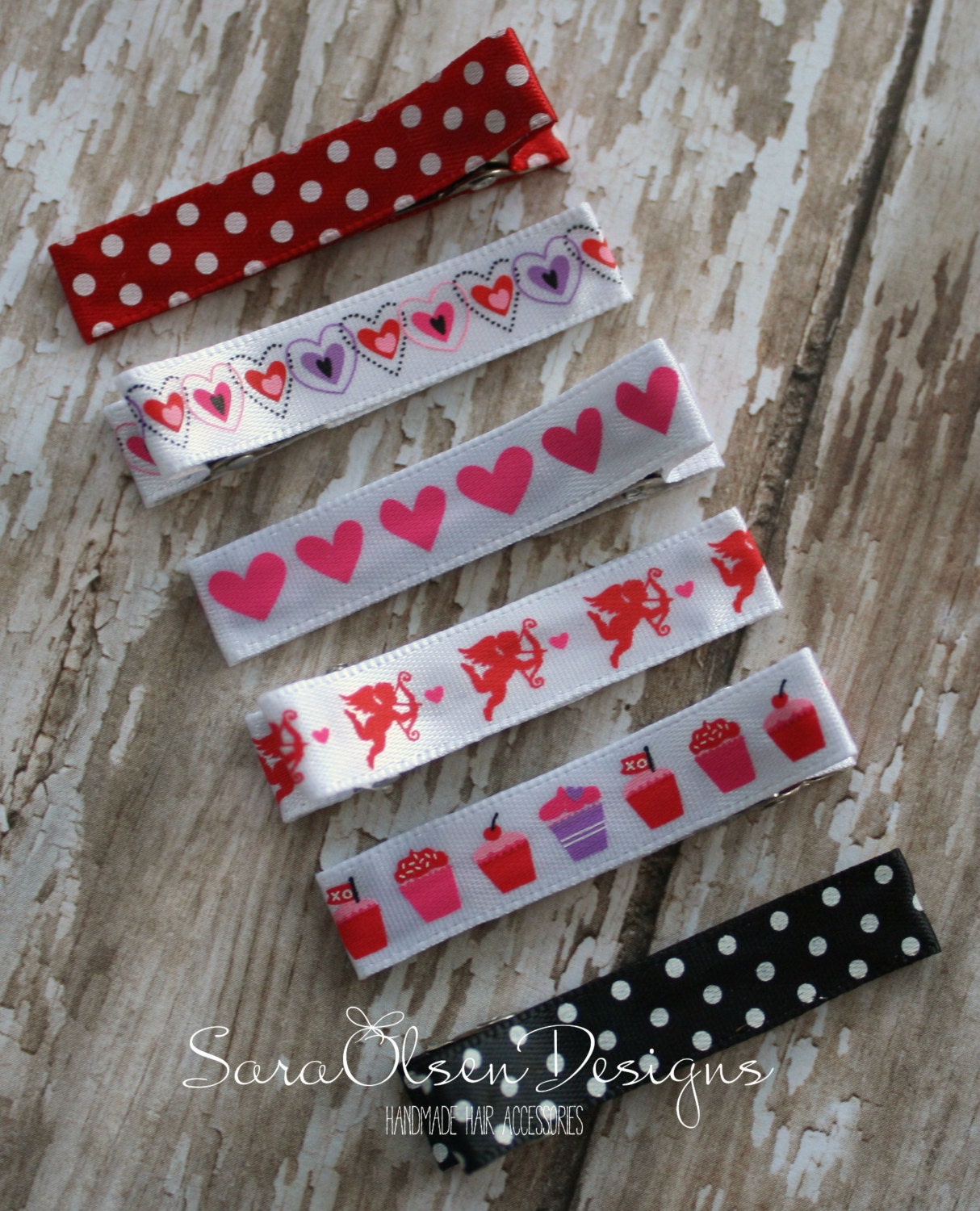 Set of 6 Hair Clips, Valentine's Day, Hearts, Cupid, Polka Dot, Birthday Party Favor, Hair Clips, Girls Hair Accessories, Hairbows - SaraOlsenDesigns