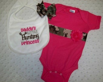 Pink Camo Baby Girl Camo and Hot Pink Flower Bodysuit, Bib, & Camo Hair