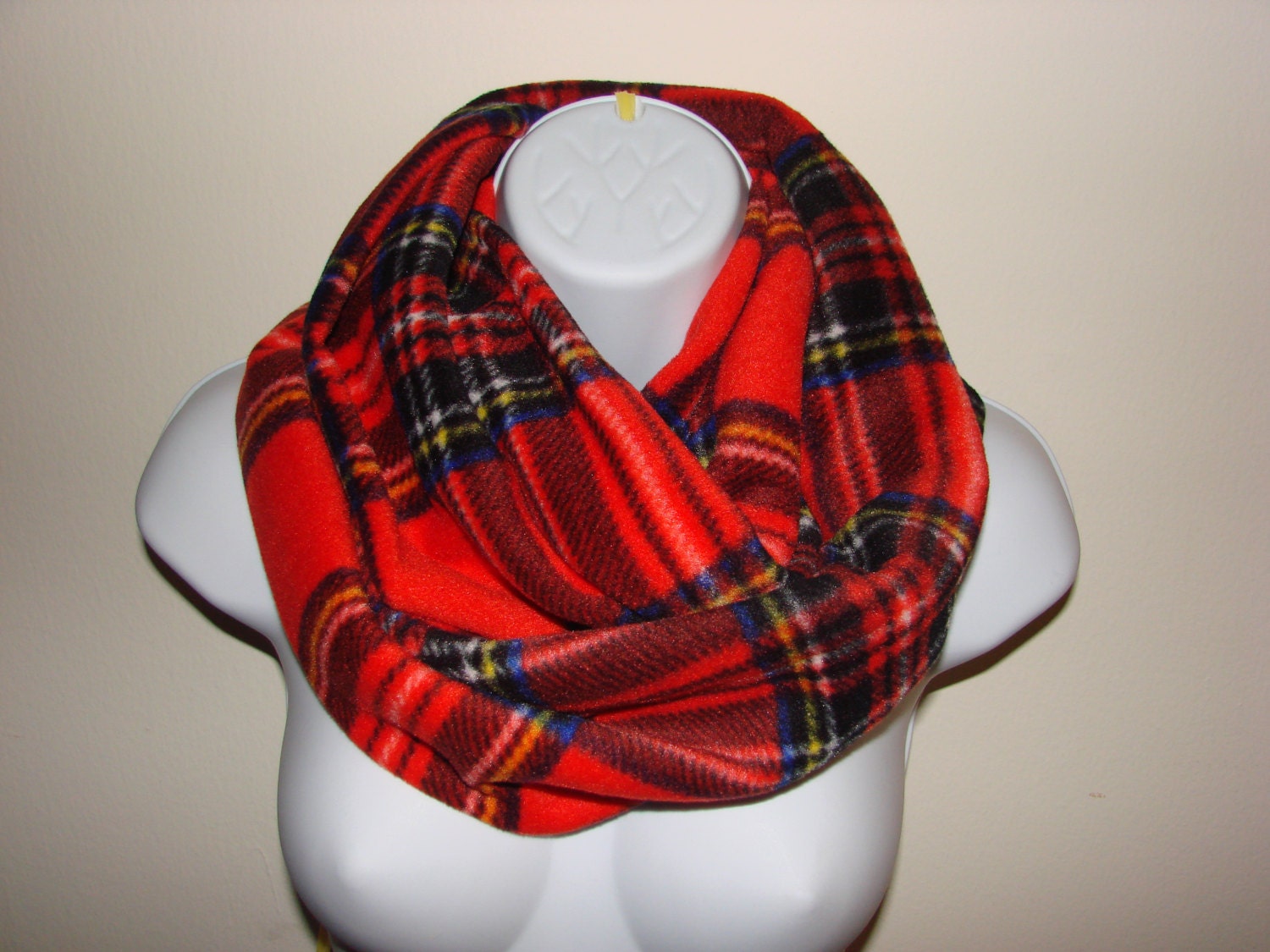 Red Plaid Infinity Scarf Fleece Infinity Scarf By OtiliaBoutique