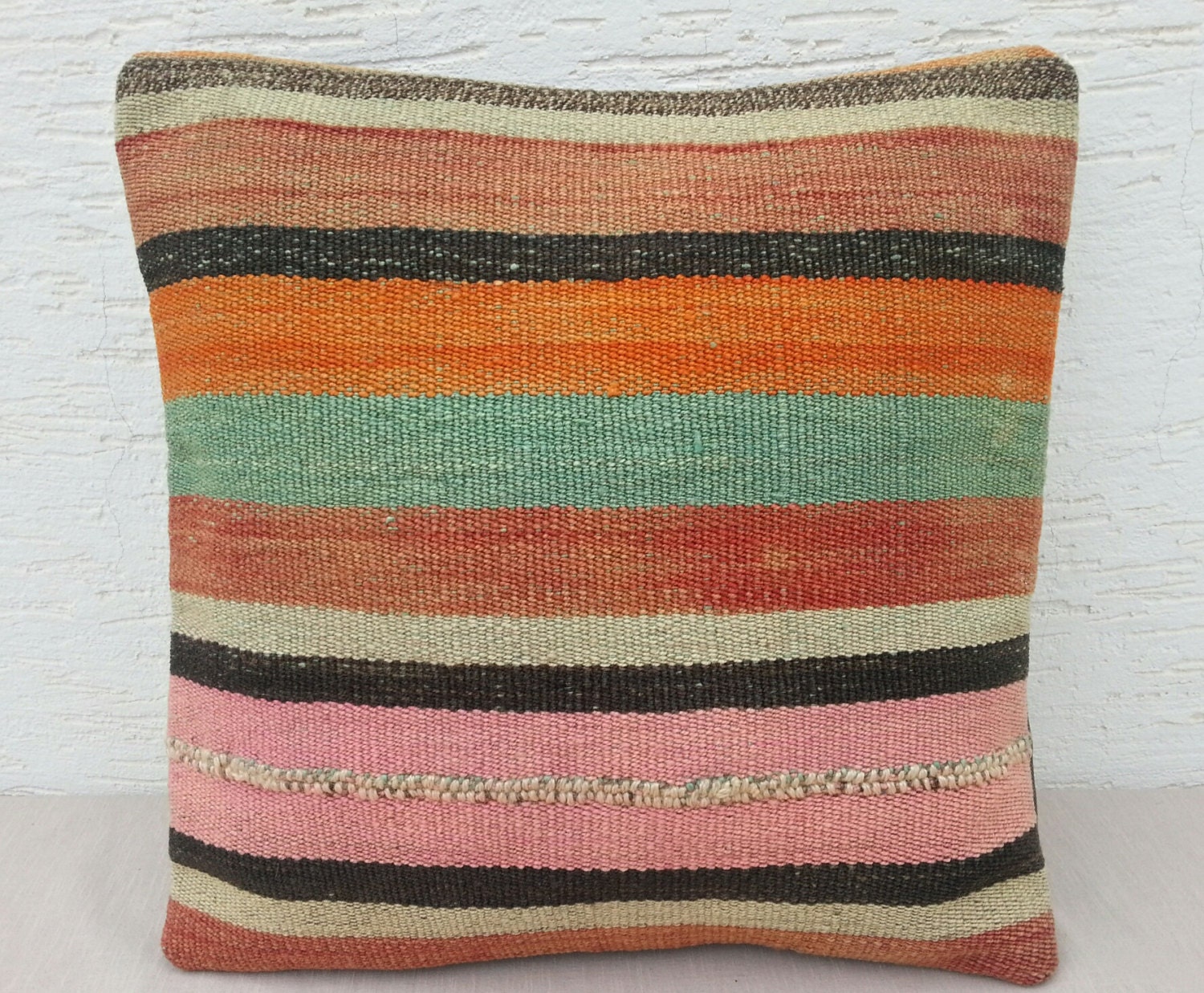 20x20  STRIPED Stripe Large Pink Orange Green Color Body Kilim Pillow Cover,Large Floor Cushions,Large Shine Society Wool Sofa Kilim Pillows - pillowsstore