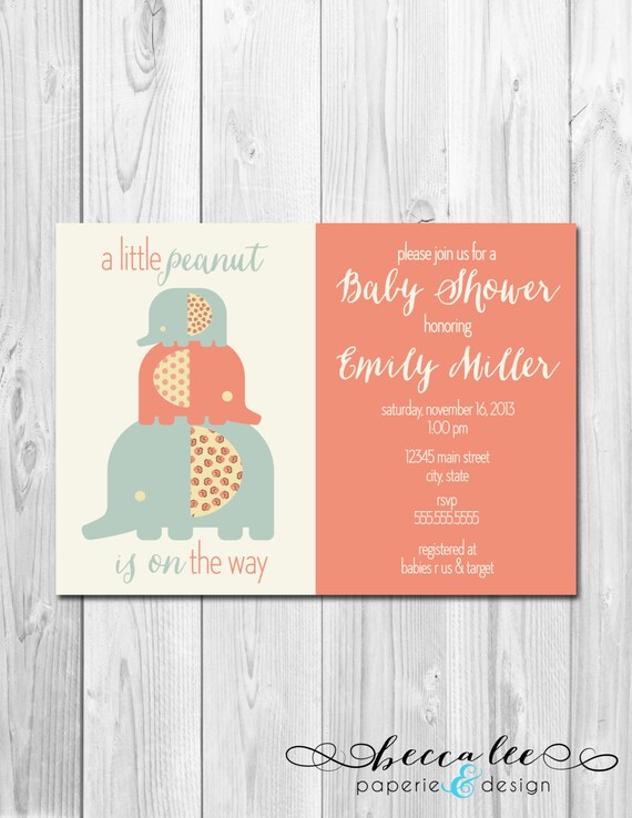 Little Peanut Baby Shower Invitation - Three Elephants - Blue, Cream and Peach - DIY - Printable Il_570xn