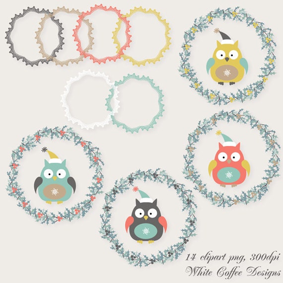 Christmas clipart, Winter clipart, owl clipart, embellishment, digital images for invites, party printables, websites, banners, paper crafts - WhiteCoffeeDesigns