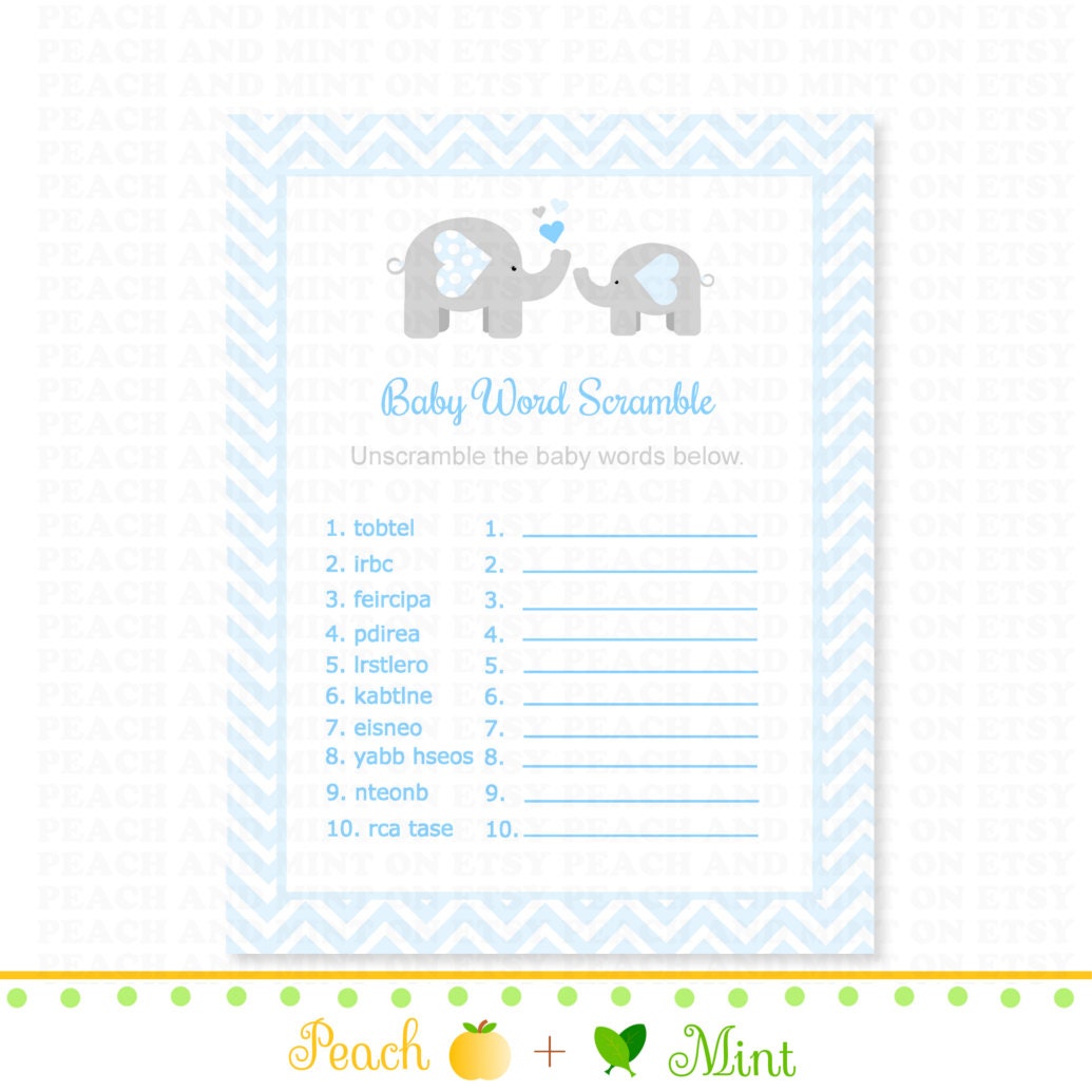 Chevron Boy Elephant Baby Shower Word Scramble Game - baby word scramble - printable baby shower games