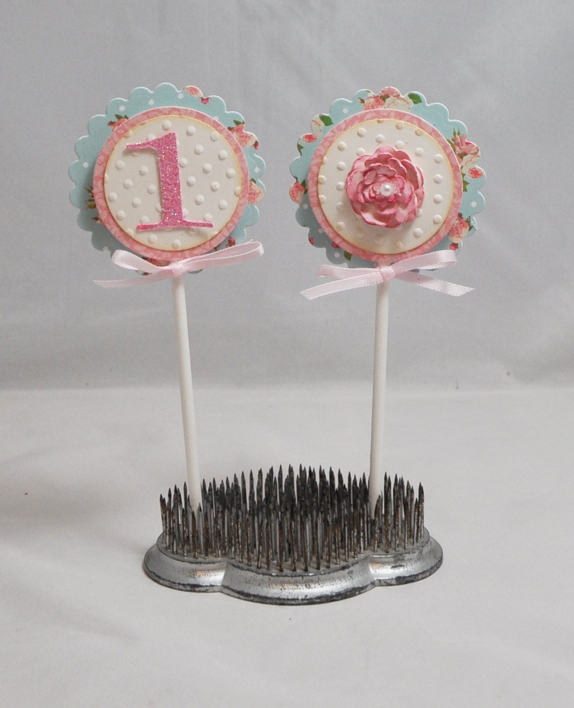 Blue Floral Cupcake Toppers- Shabby Chic 1st Birthday- Set of 12 Il_570xn