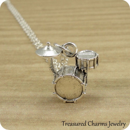 Drum Set Necklace, Silver Drum Set Charm on a Silver Cable Chain