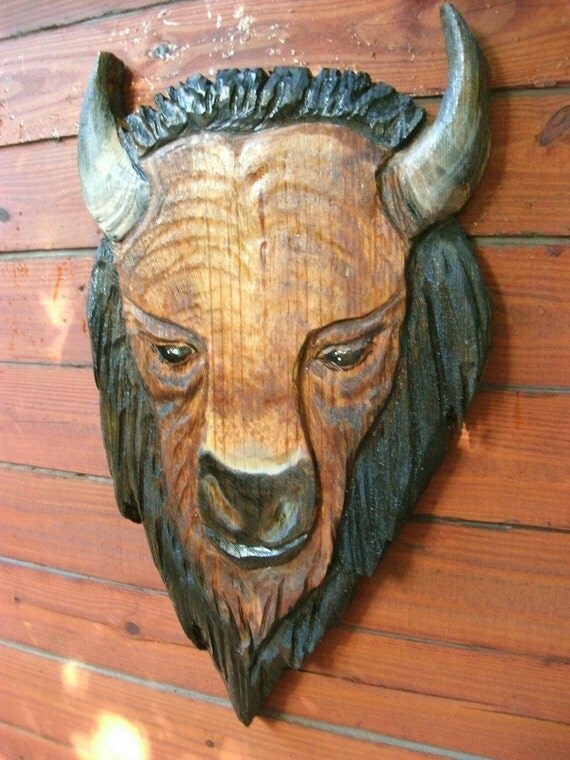 Buffalo Head 30x 18 chainsaw wooden rustic Bison by oceanarts10