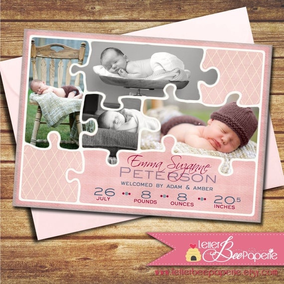 Puzzle Piece Custom Baby Girl Birth Announcement - DIY Printable Card - Choose Your Colors - Multi-Photo Holiday Cards - Missing Piece Il_570xn