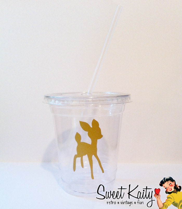 24 Little Vintage Deer Party Cups, Lids, and Plastic Straws - 12 oz or 16 oz - Metallic Gold Decal - Wedding, Birthday, Baby Shower, Party Il_570xn