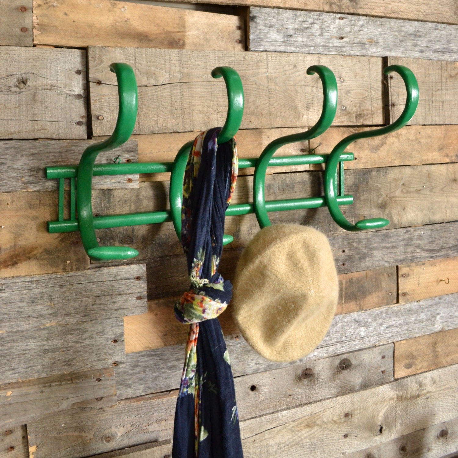 Green Curved Wood Coat Rack Bent Wood Wall Hook by KOLORIZE