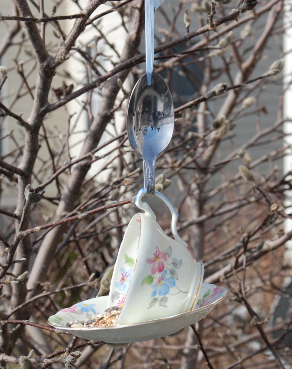 Teacup Bird Feeder with Hand Stamped Bent Spoon- GARDEN PARTY- Perfect Mother's Day Gift