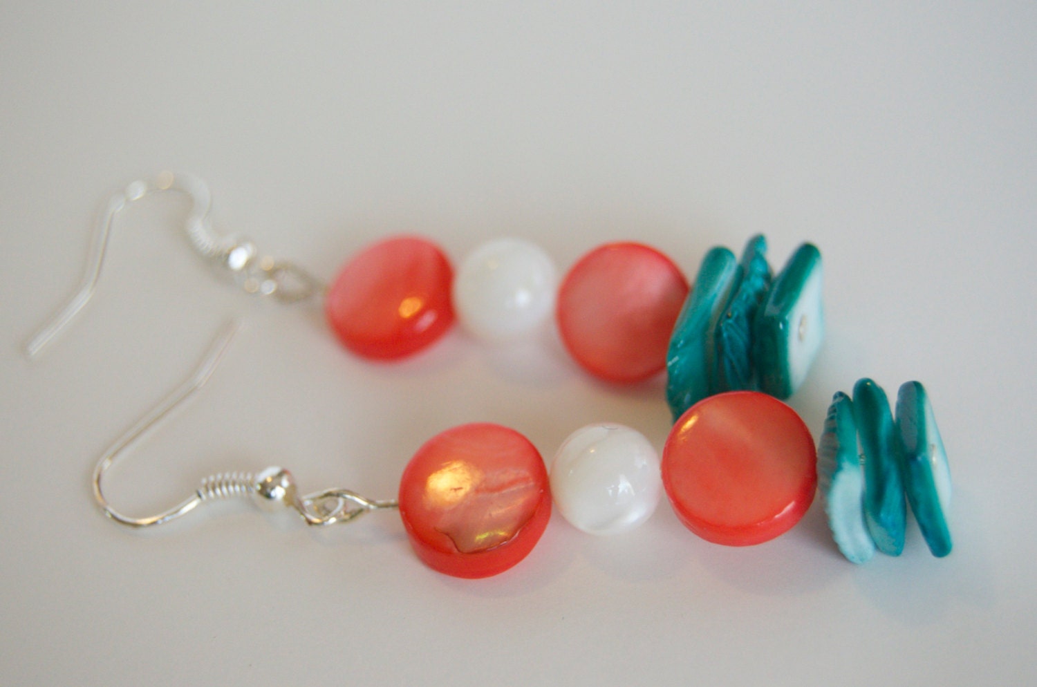 Beaded Dangle Earrings - Natural Materials - Shell - Teal and Pink - jubilantrendezvous