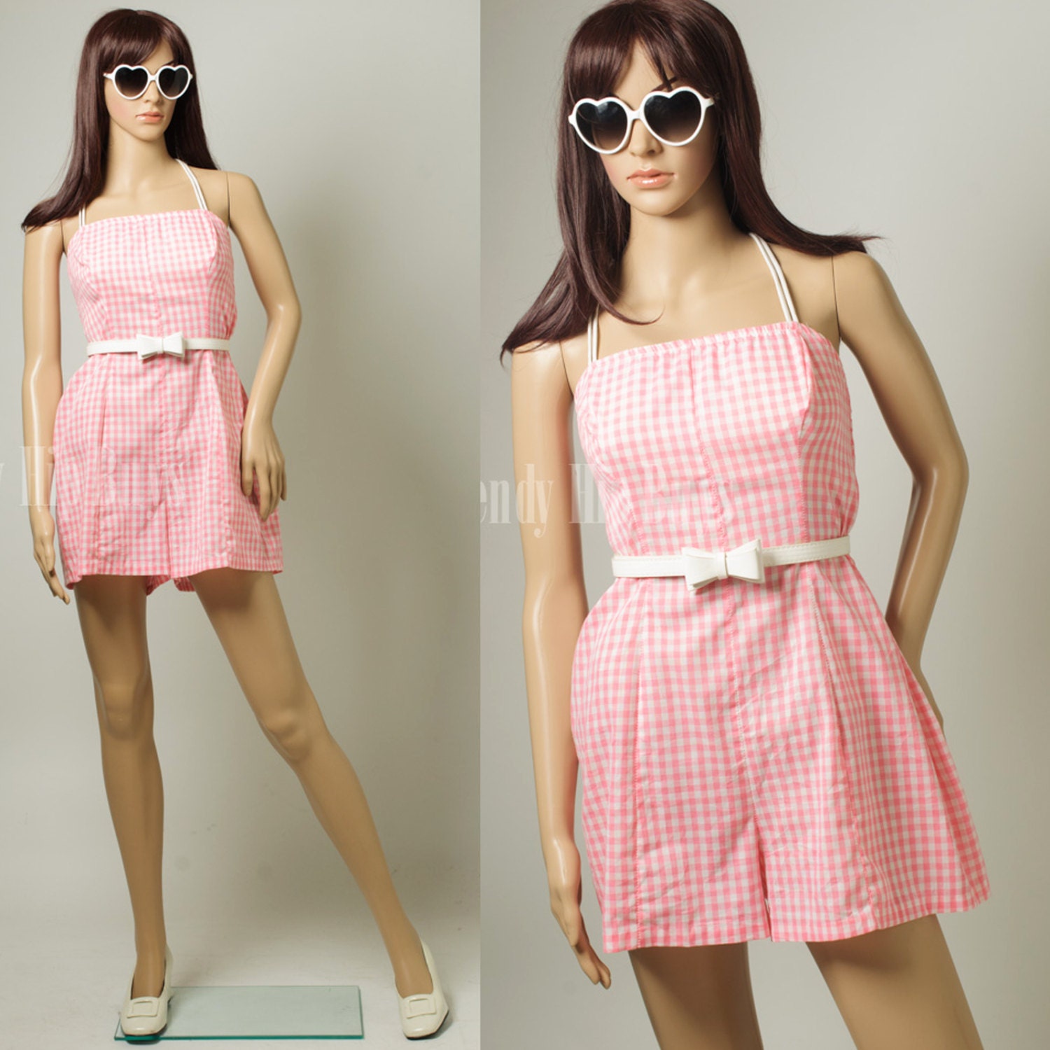 Vintage 50s Romper Skort Pink Gingham Halter Cotton Romper S