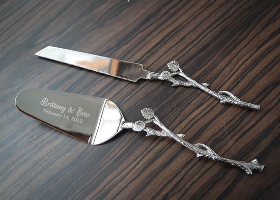 Personalized Cake Knife and Server SET - Silver Leaf Rustic Wedding Cake Knife and Server Set - Personalized Wedding Gift