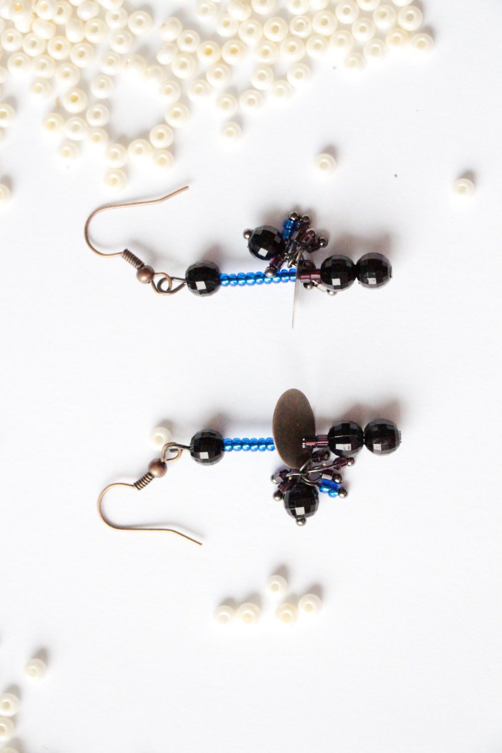 Black blue beaded earrings Beading seed bead earring Blue and black Christmas earrings gift - RasaVilJewelry