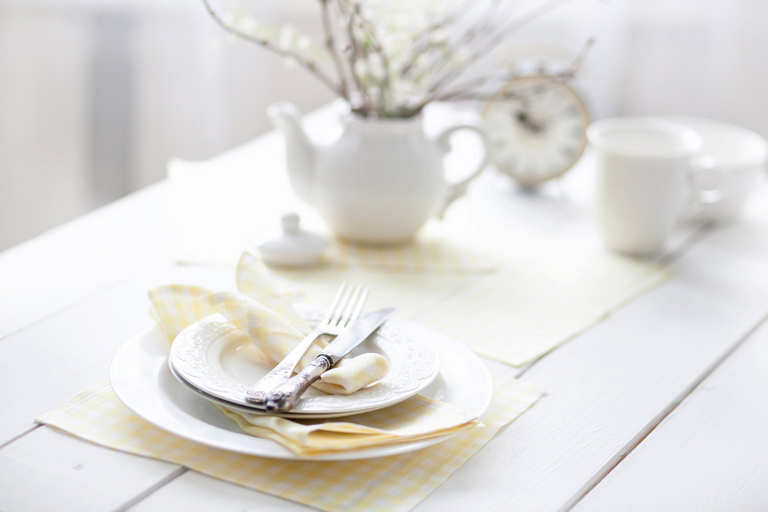 White yellow tartan table napkins set 6 - Linen gingham spring table pastel lemon  napkins cloth - LinenHomeShop