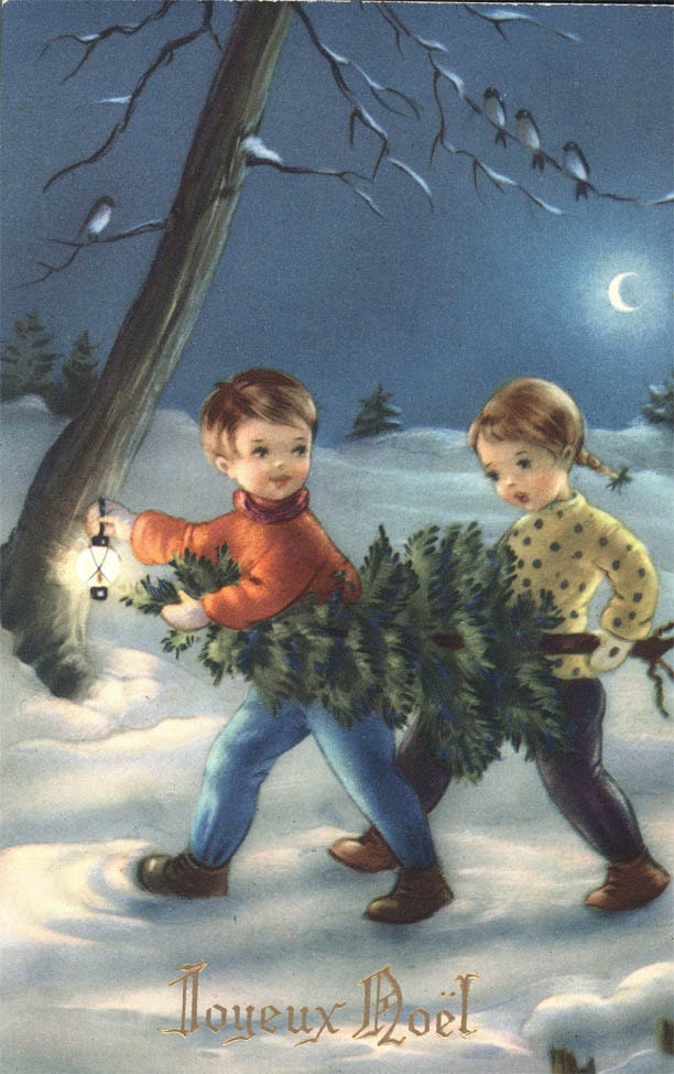 Vintage carte postale Joyeux Noel anglais Merry Christmas Greetings enfants porter xmas Tree 1955