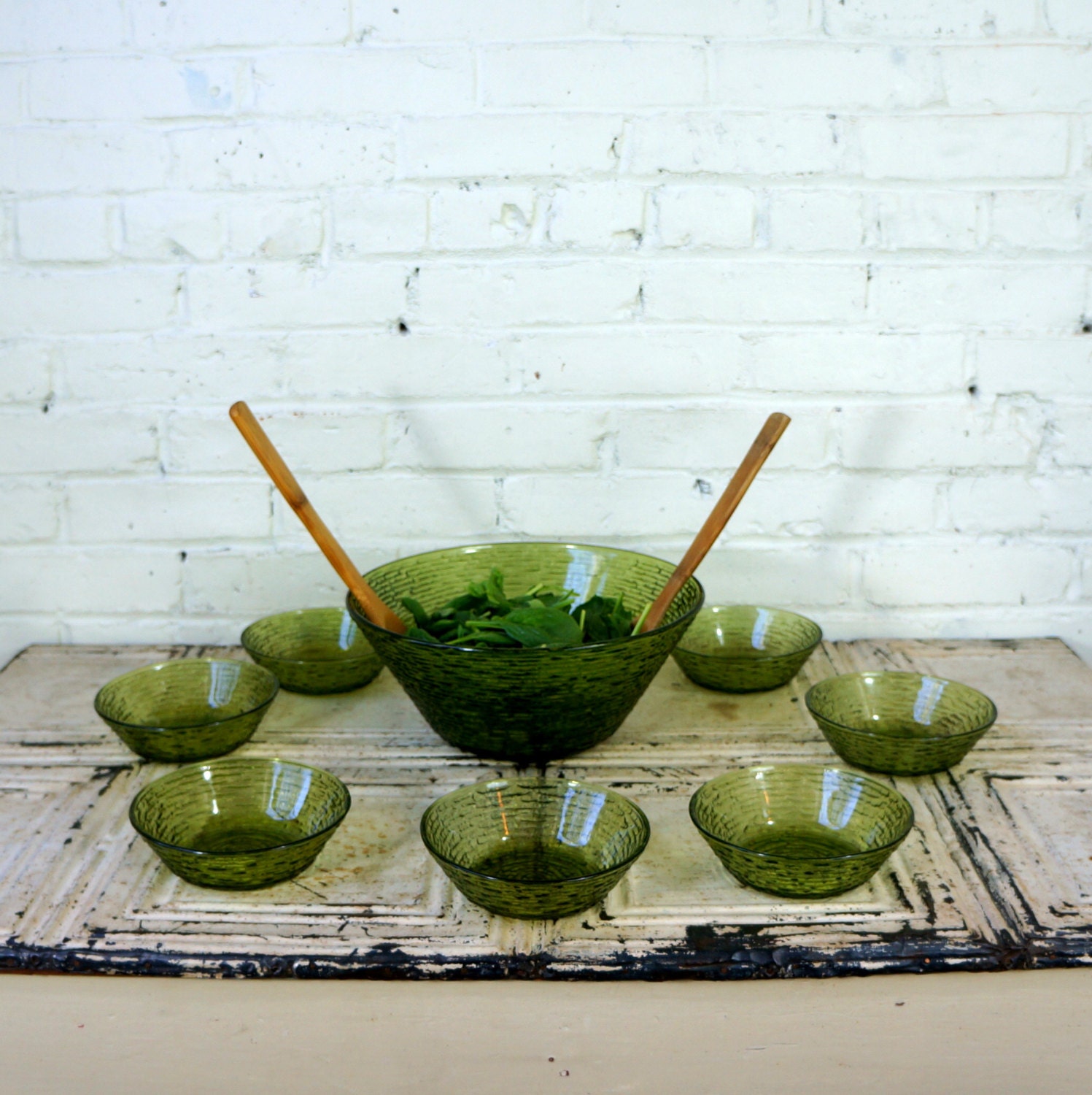 Bamboo Glass Bowls 1970s Avocado Green 1 Large 8 Small Retro