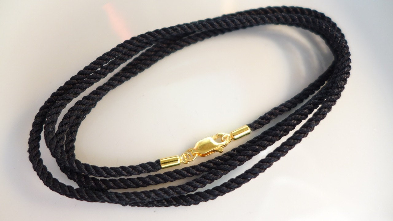 Mm Black Silk Cord Necklace With Gold Vermeil Over