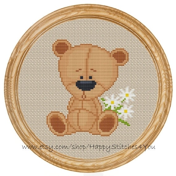 Cross Stitch Pattern PDF Teddy Bear Flower DD0075