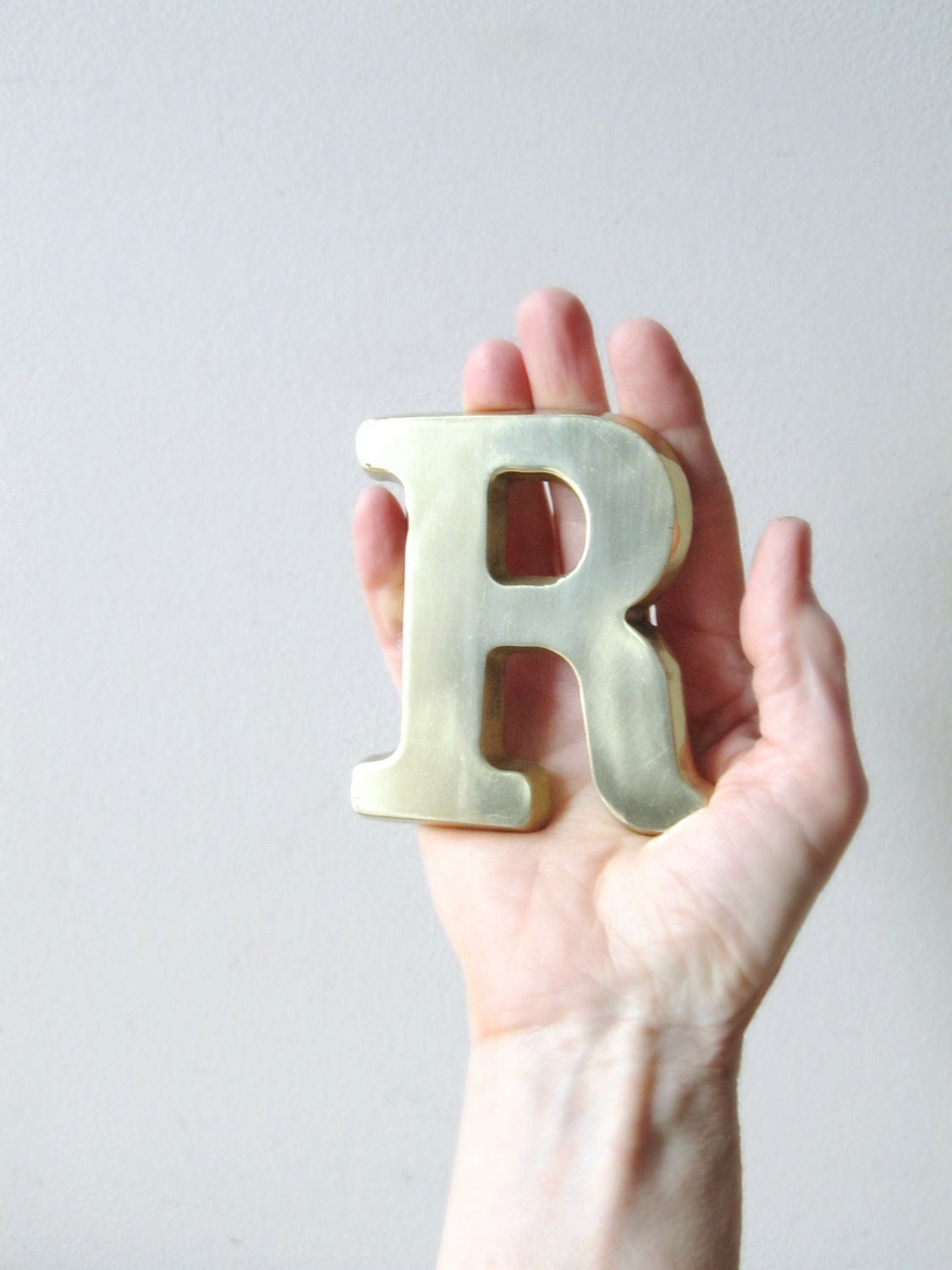 brass letter R vintage paperweight serif type font
