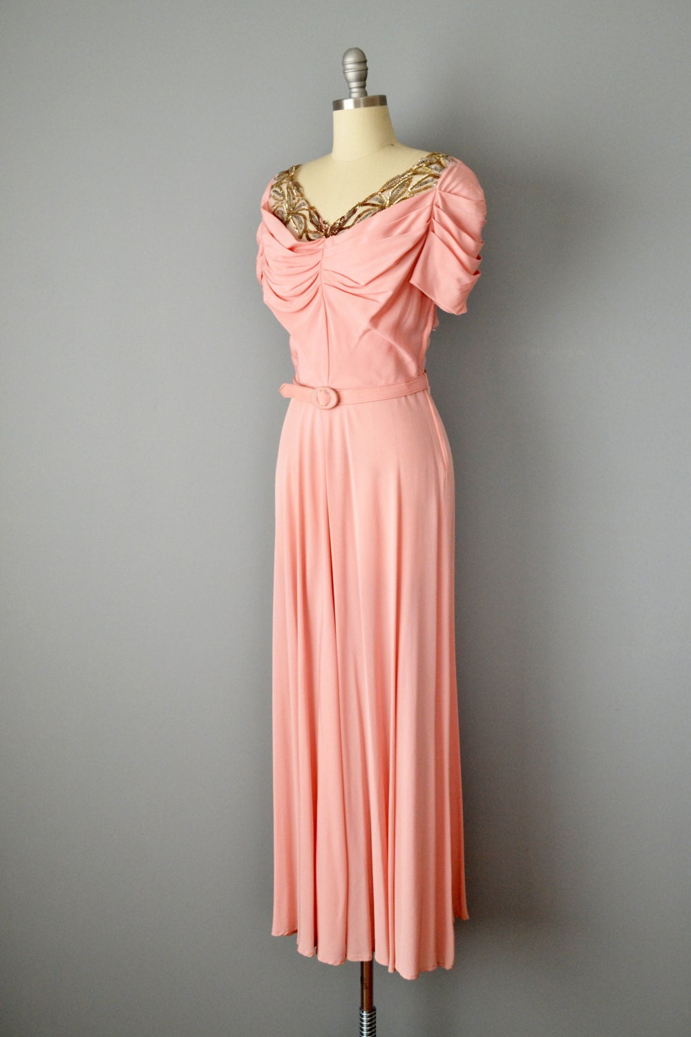A Royal Night Out: 1940s Emma Domb Pink Silk Crepe and Sequin Gown