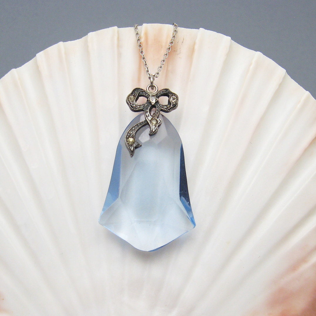 Art Deco Blue Cut Glass Pendant Necklace by PurpleDaisyJewelry