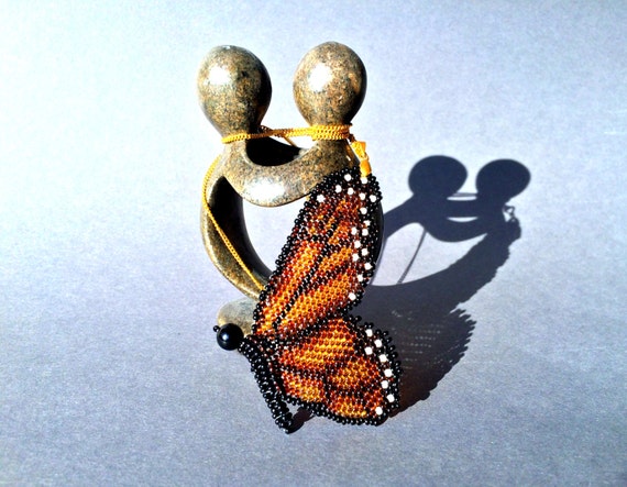 Handmade Beaded Monarch Butterfly Pendant With By Gemsplusleather