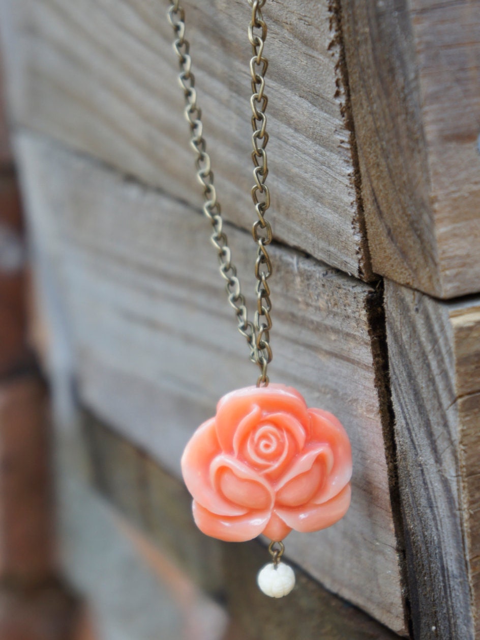 Coral Stone Carved Rose Flower Necklace Semi Precious